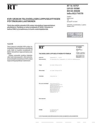 RT 16-10757, KVR-urakan taloudellisen loppuselvityksen pöytäkirjan laatiminen. (YSE 1998 asiakirjamalli)