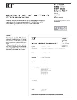 RT 16-10757, KVR-urakan taloudellisen loppuselvityksen pöytäkirjan laatiminen. (YSE 1998 asiakirjamalli)