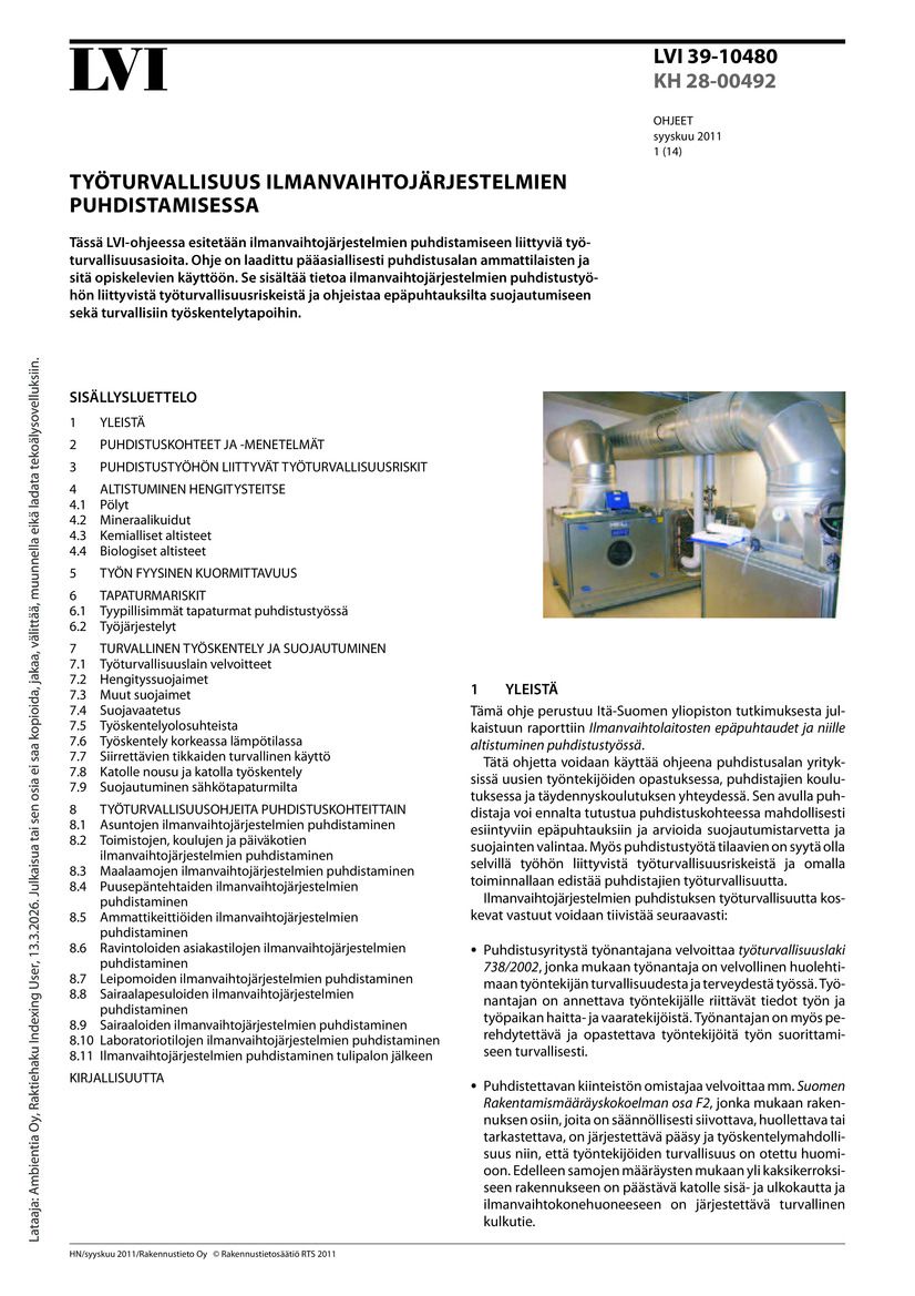 LVI 39-10480, Työturvallisuus ilmanvaihtojärjestelmien puhdistamisessa