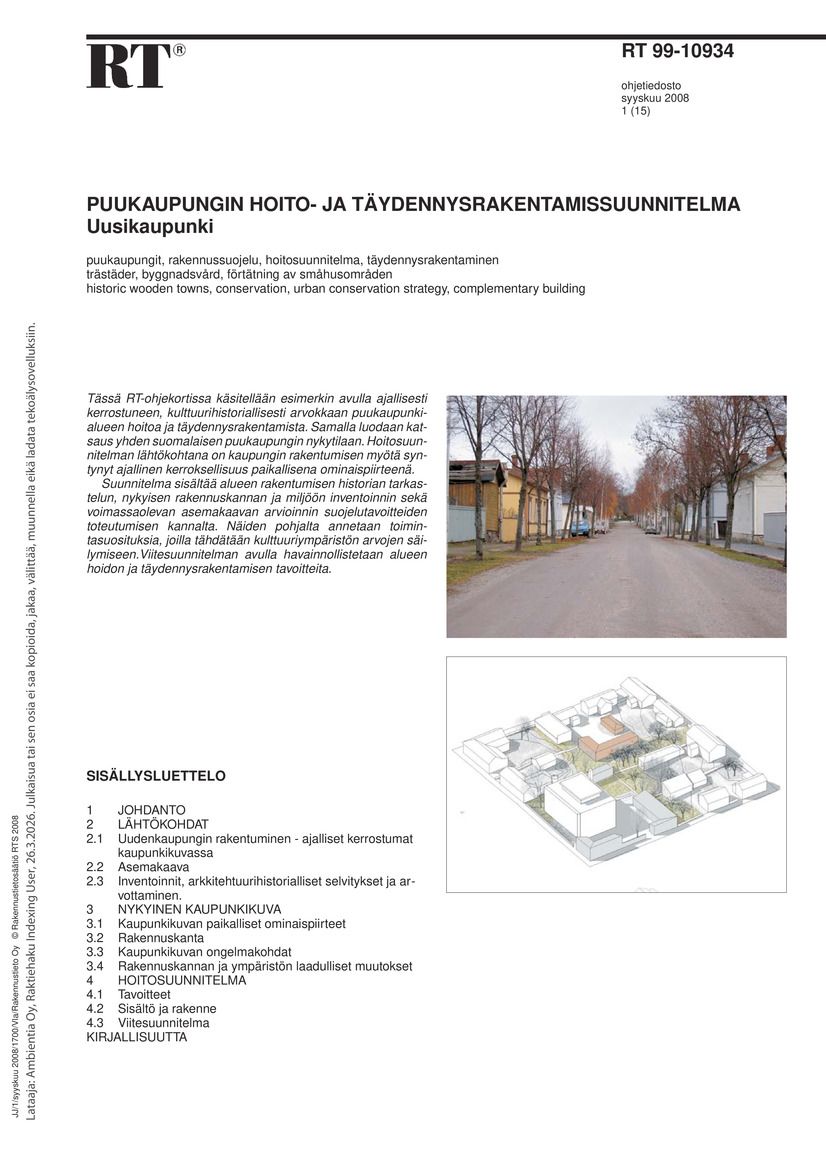 RT 99-10934, Puukaupungin hoito- ja täydennysrakentamissuunnitelma. Uusikaupunki