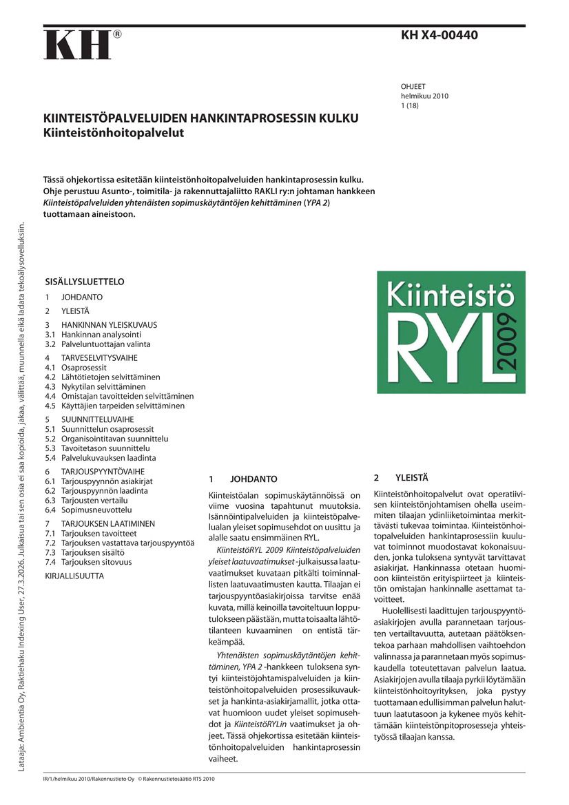 KH X4-00440, Kiinteistöpalveluiden hankintaprosessin kulku. Kiinteistönhoitopalvelut