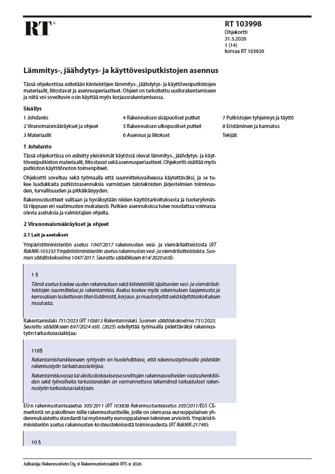 RT 103998, Lämmitys-, jäähdytys- ja käyttövesiputkistojen asennus