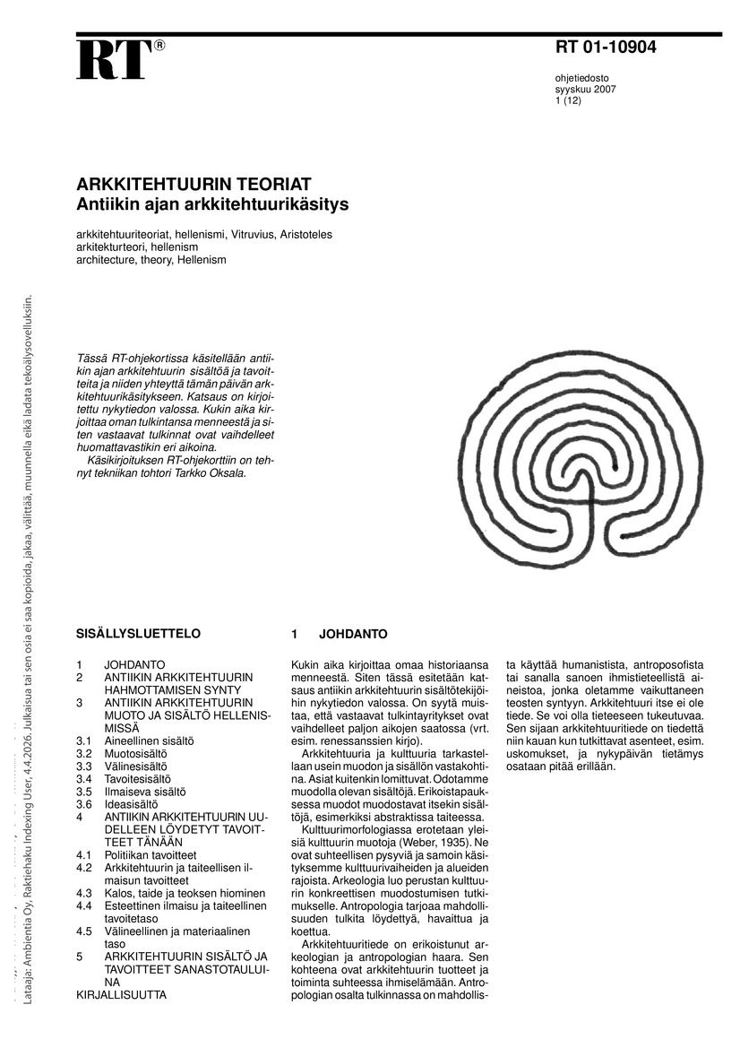 Siirry tuotesivulle RT 01-10904, Arkkitehtuurin teoriat. Antiikin ajan arkkitehtuurikäsitys