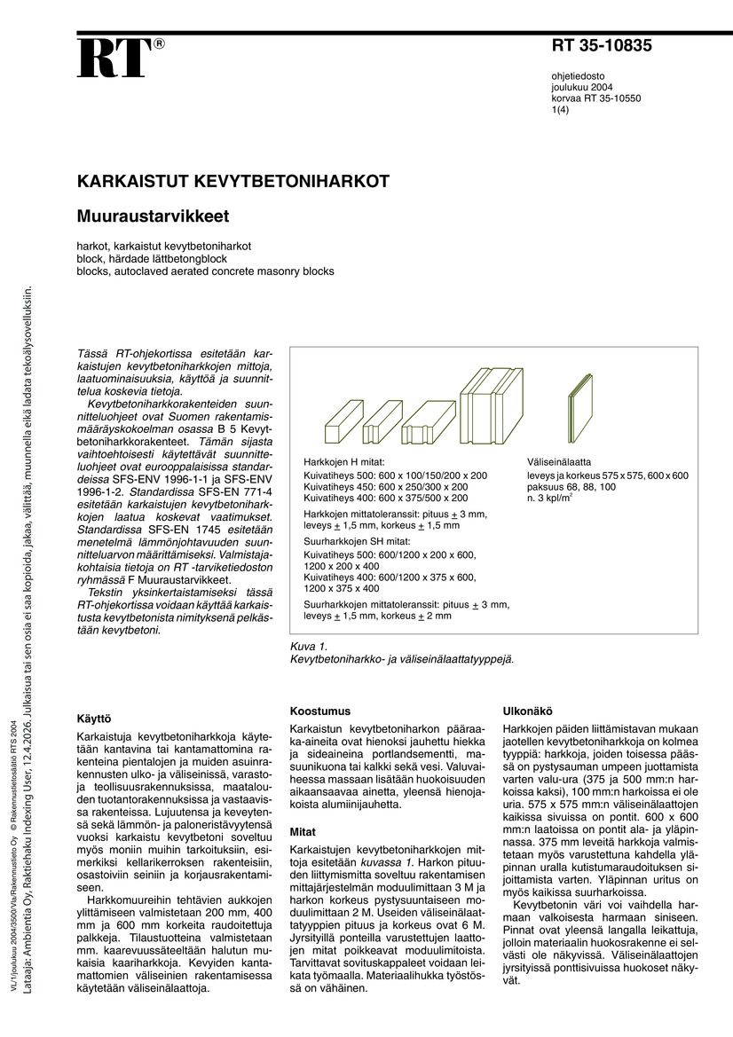 Siirry tuotesivulle RT 35-10835, Karkaistut kevytbetoniharkot. Muuraustarvikkeet