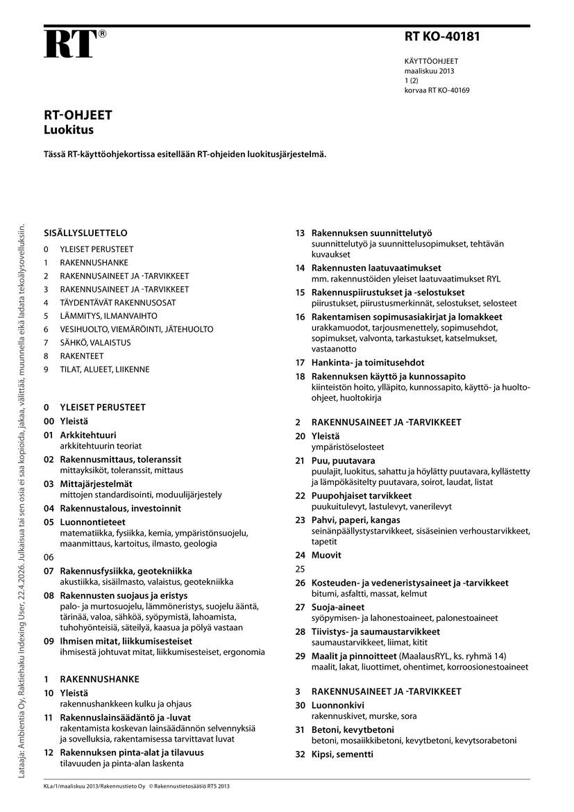 RT KO-40181, RT-ohjeet. Luokitus