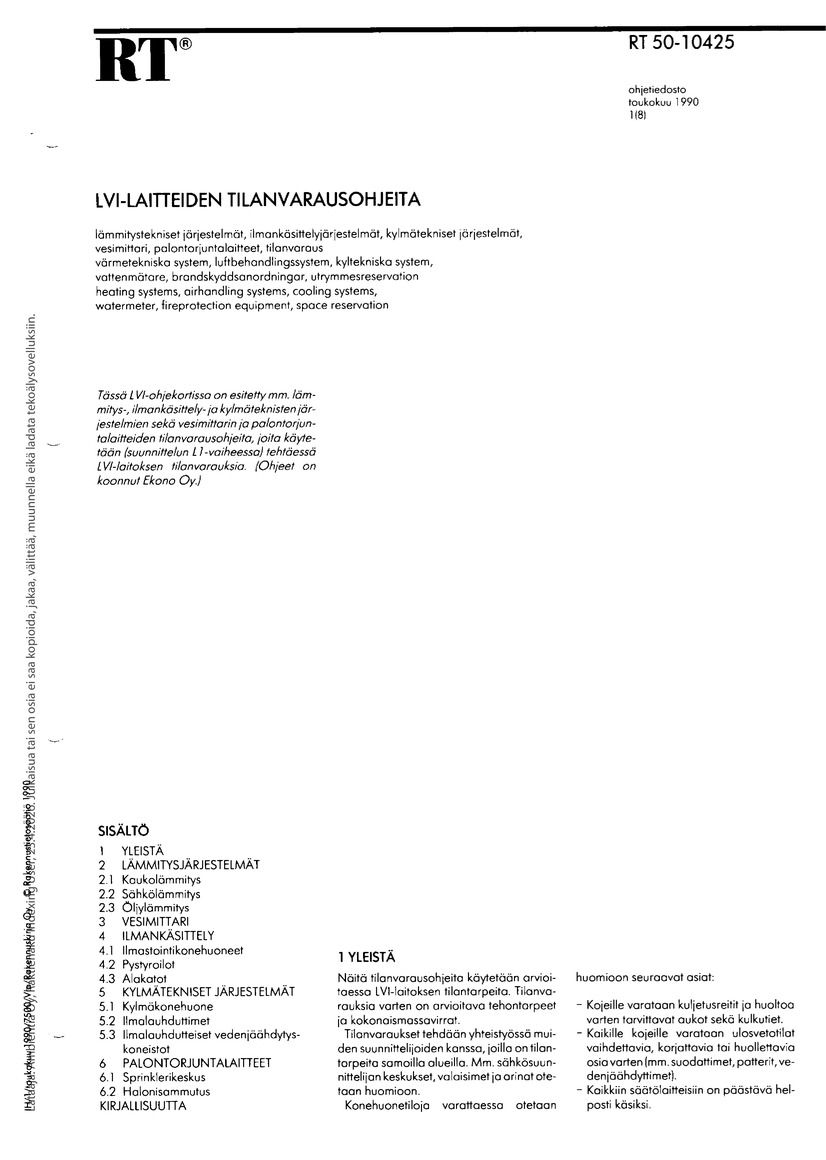 RT 50-10425, LVI-laitteiden tilanvarausohjeita
