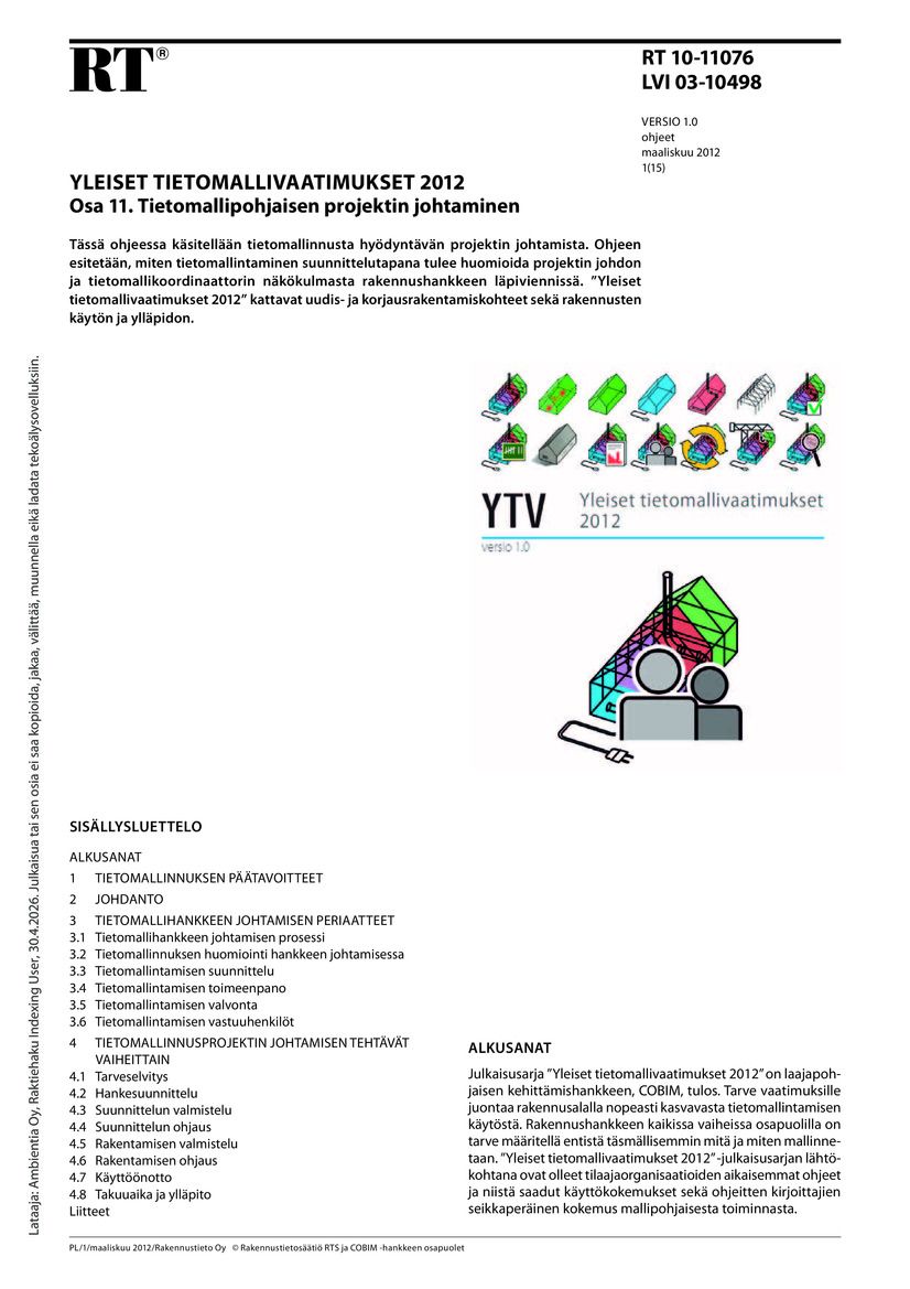 RT 10-11076, Yleiset tietomallivaatimukset 2012. Osa 11. Tietomalliprojektin johtaminen (Versio 1.0, 2012)