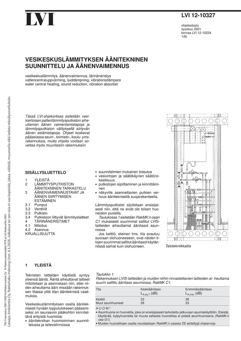 LVI 12-10327, Vesikeskuslämmityksen äänitekninen suunnittelu ja äänenvaimennus