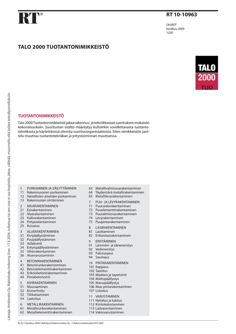 RT 10-10963, Talo 2000 Tuotantonimikkeistö