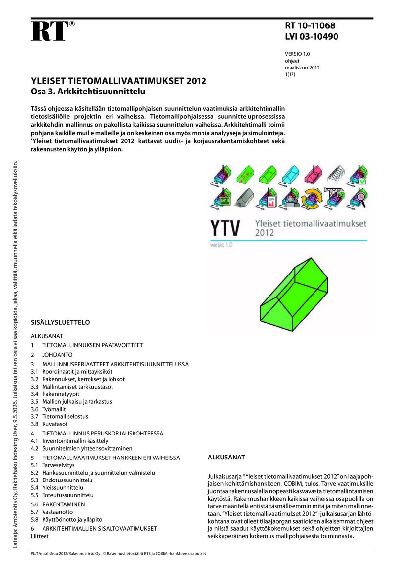 RT 10-11068, Yleiset tietomallivaatimukset 2012. Osa 3. Arkkitehtisuunnittelu (Versio 1.0, 2012)