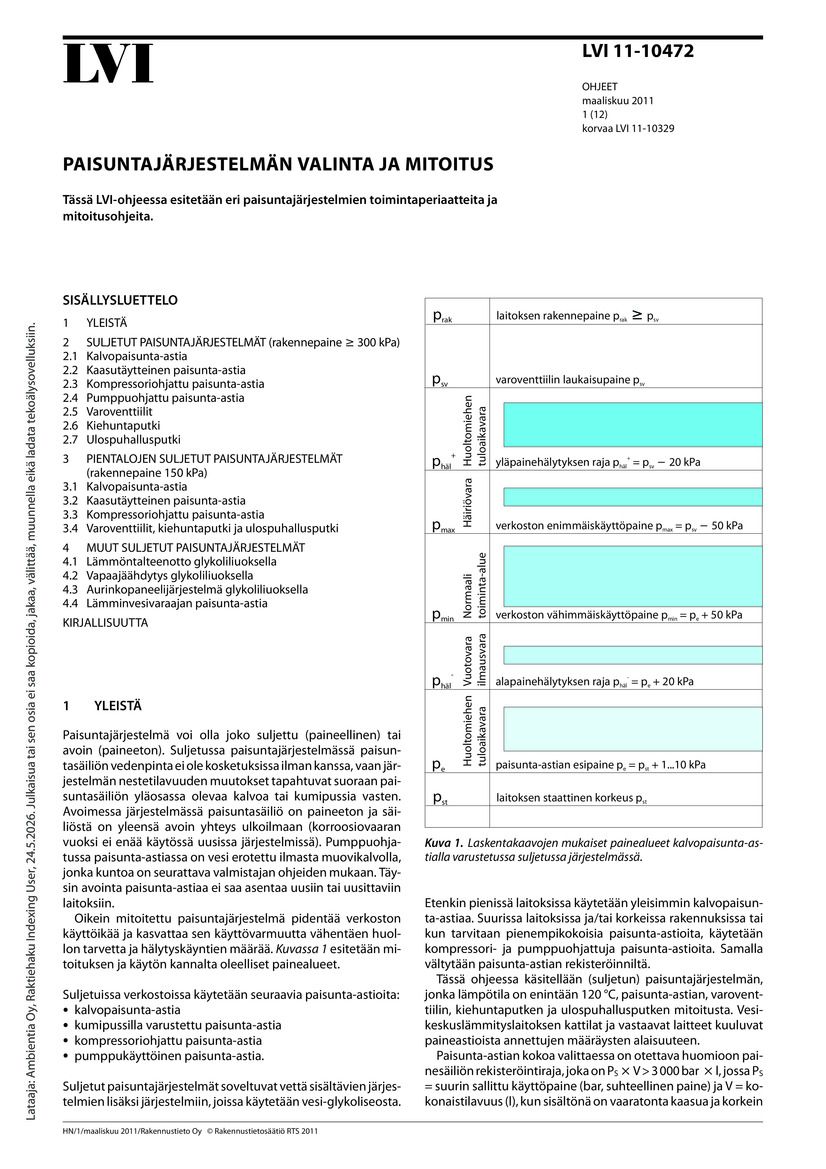 LVI 11-10472, Paisuntajärjestelmän valinta ja mitoitus
