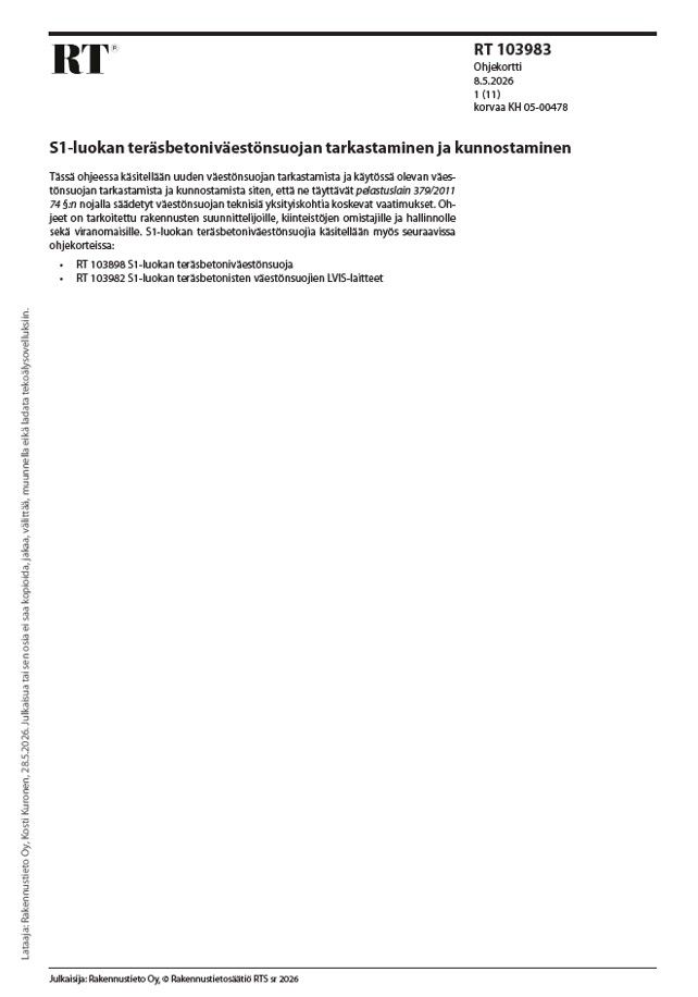 Siirry tuotesivulle RT 103983, S1-luokan teräsbetoniväestönsuojan tarkastaminen ja kunnostaminen