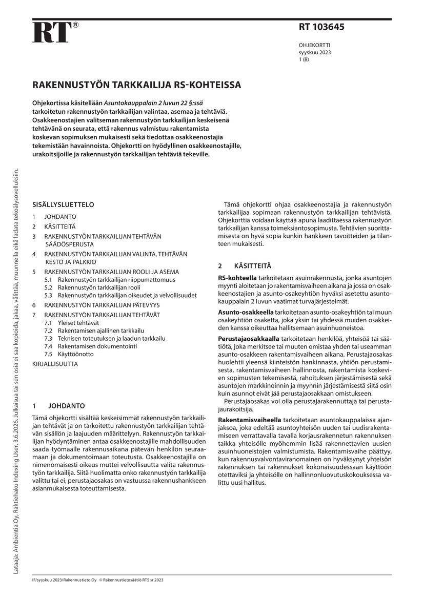 Siirry tuotesivulle RT 103645, Rakennustyön tarkkailija RS-kohteissa