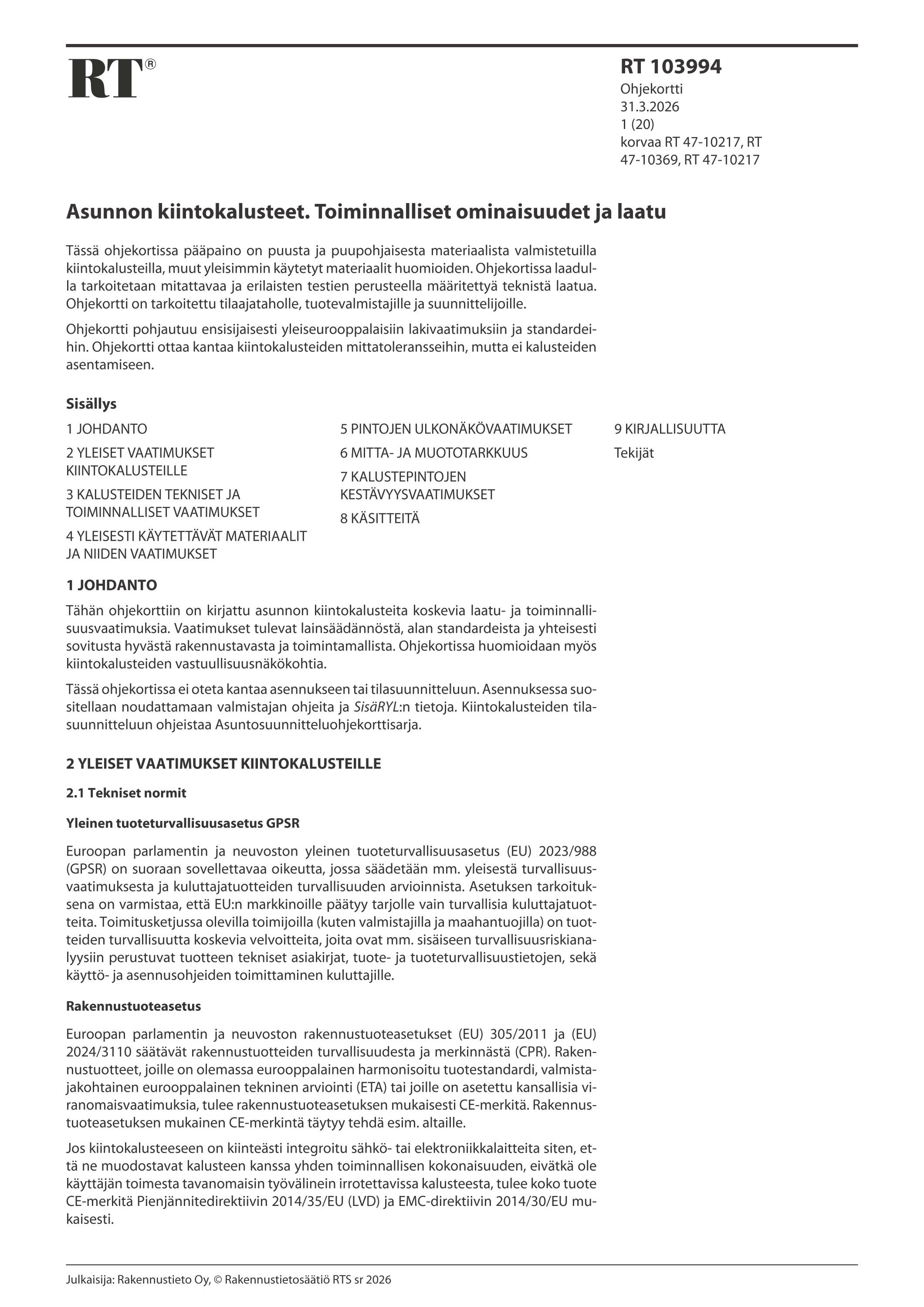 RT 103994  Asunnon kiintokalusteet. Toiminnalliset ominaisuudet ja laatu