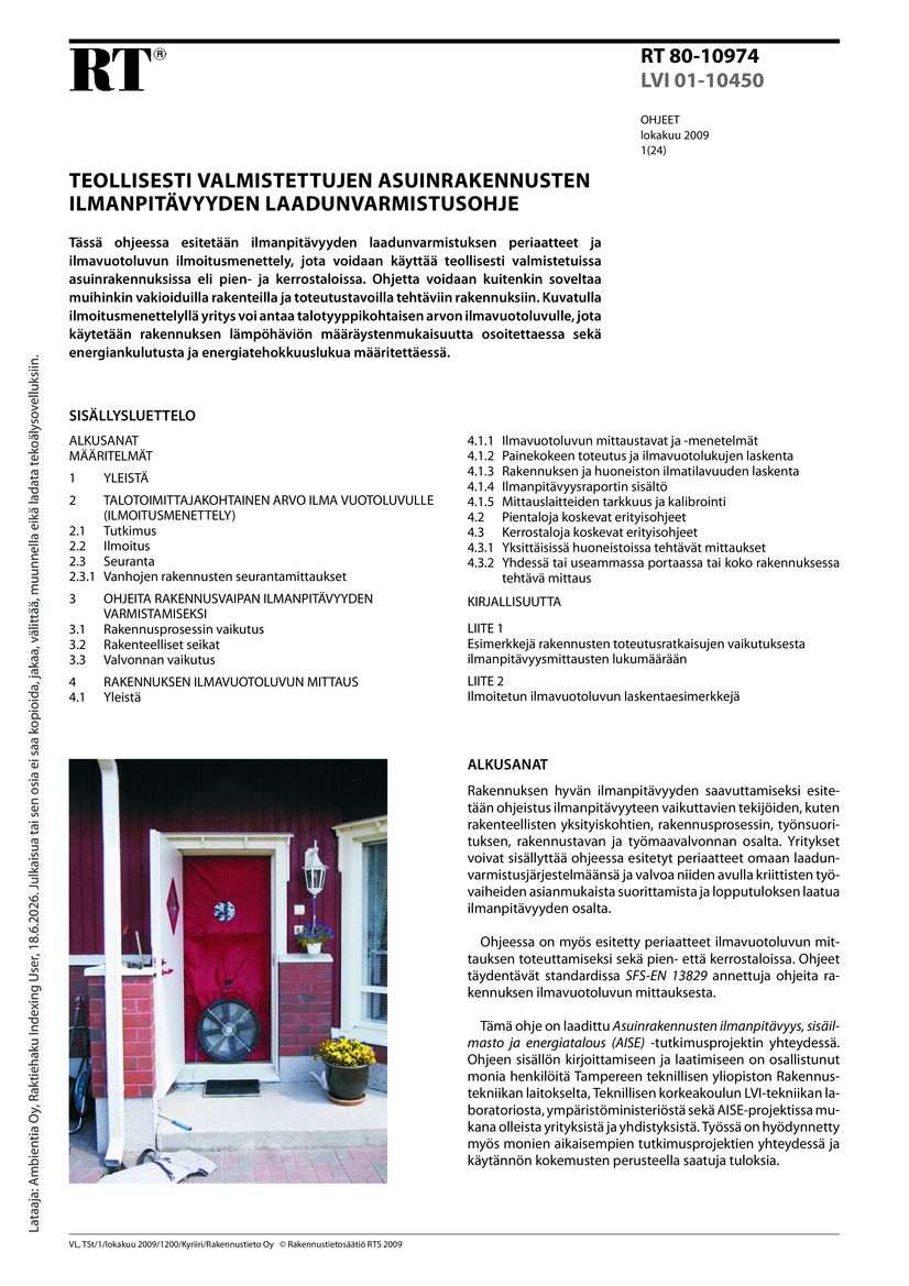RT 80-10974 Teollisesti valmistettujen asuinrakennusten ilmanpitävyyden laadunvarmistusohje