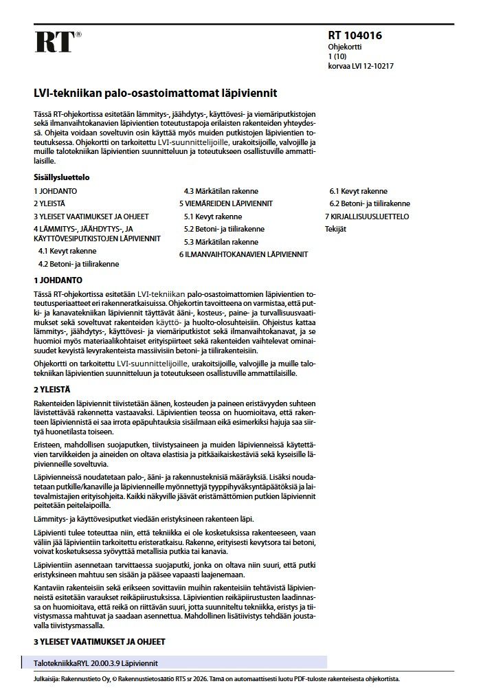 RT 104016 LVI-tekniikan palo-osastoimattomat läpiviennit