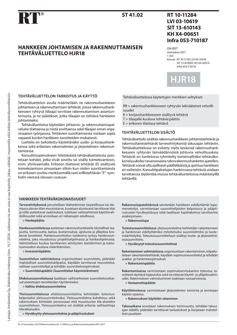 Siirry tuotesivulle RT 10-11284 Hankkeen johtamisen ja rakennuttamisen tehtäväluettelo HJR18