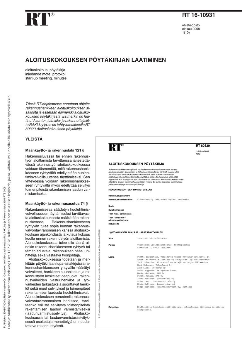 Siirry tuotesivulle RT 16-10931 Aloituskokouksen pöytäkirjan laatiminen