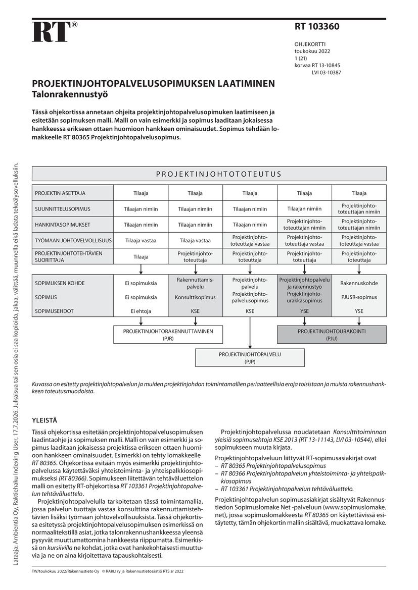 Siirry tuotesivulle RT 103360 Projektinjohtopalvelusopimuksen laatiminen. Talonrakennustyö