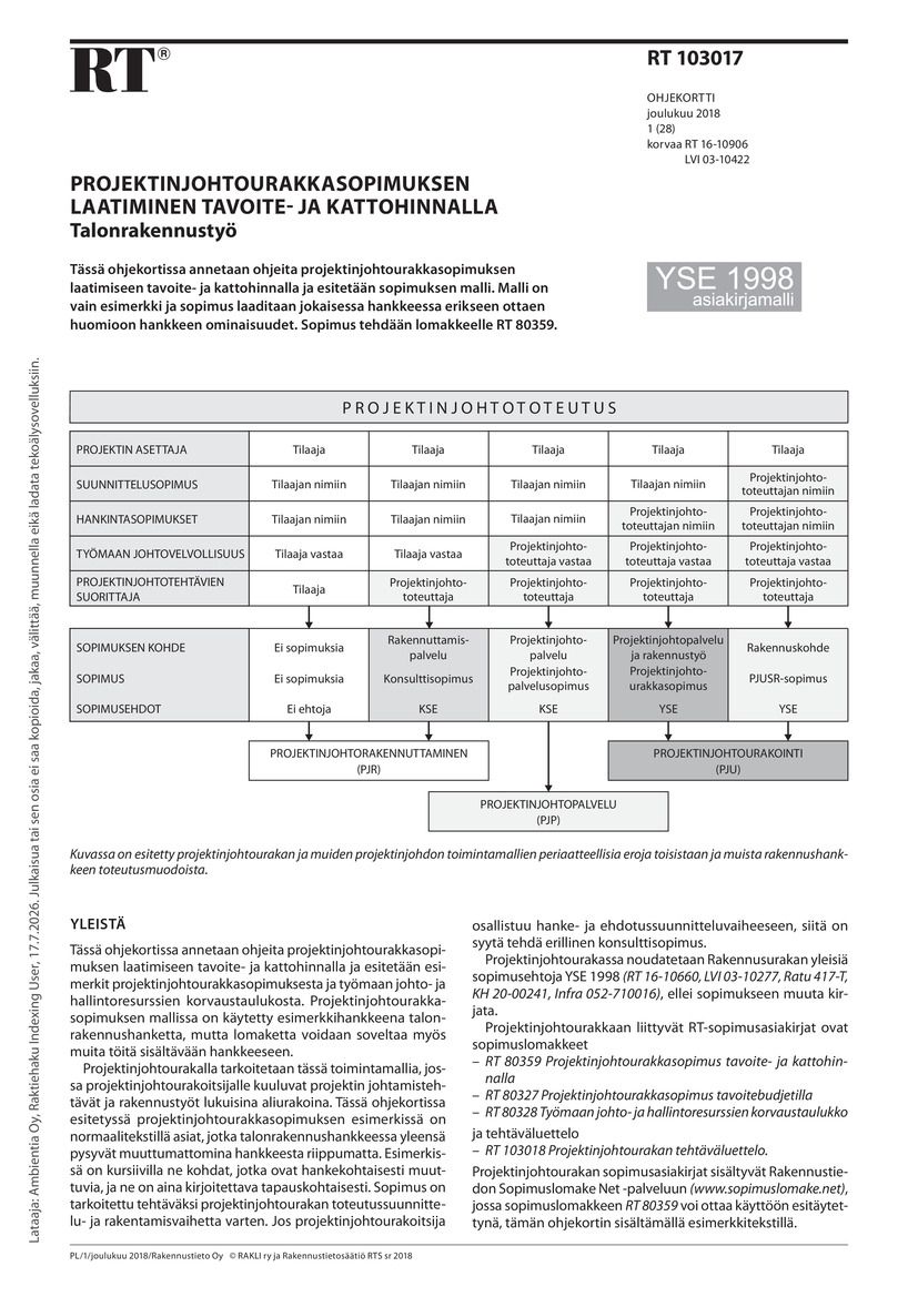 Siirry tuotesivulle RT 103017 Projektinjohtourakkasopimuksen laatiminen tavoite- ja kattohinnalla. Talonrakennustyö