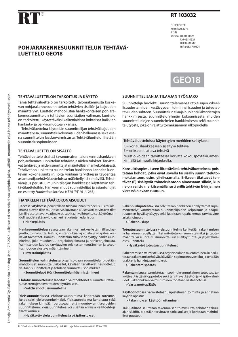 Siirry tuotesivulle RT 103032 Pohjarakennesuunnittelun tehtäväluettelo GEO18