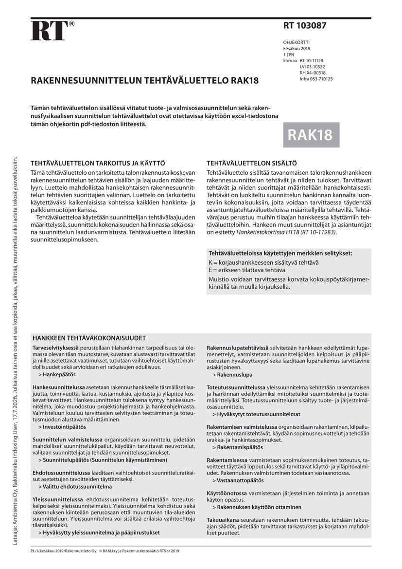 Siirry tuotesivulle RT 103087 Rakennesuunnittelun tehtäväluettelo RAK18