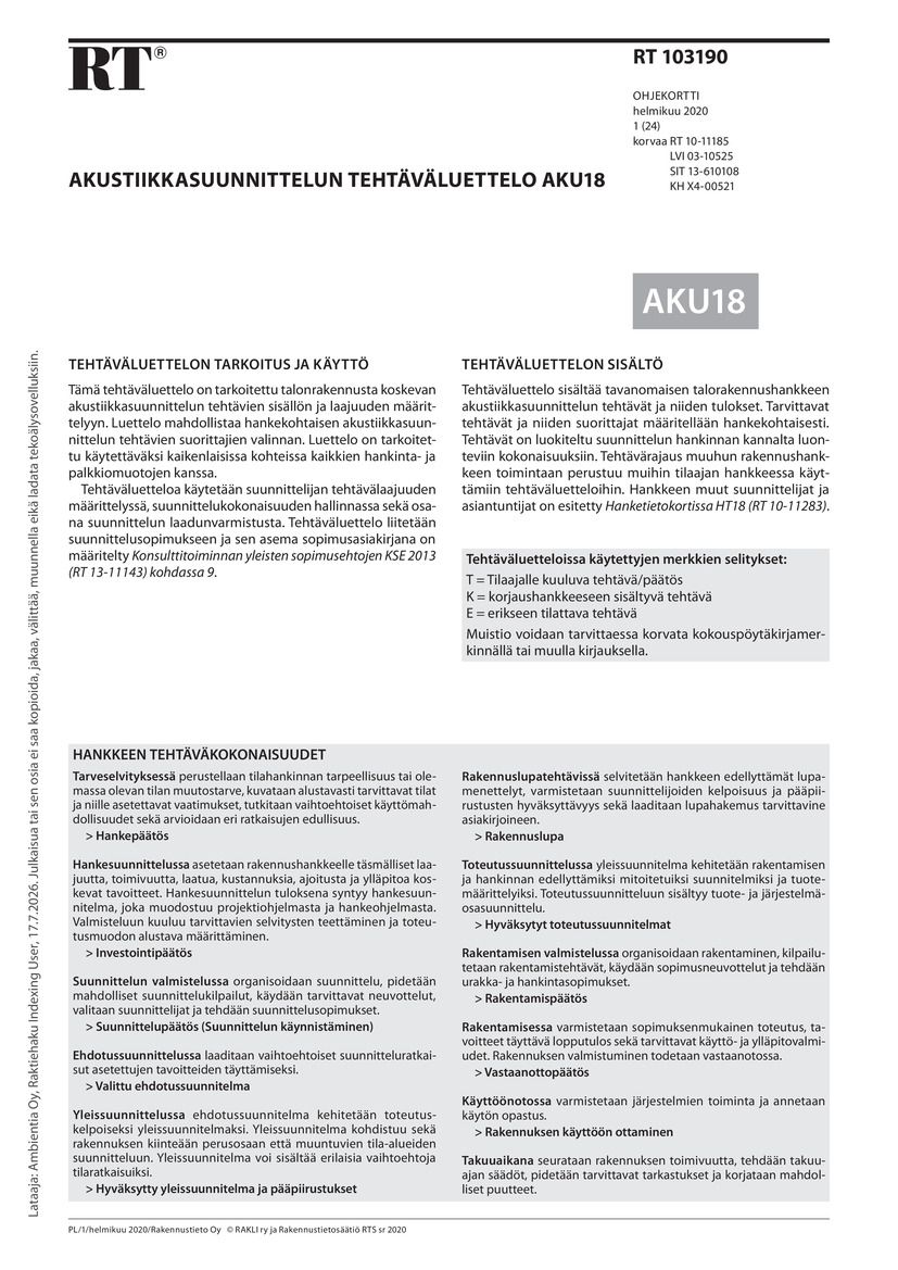 Siirry tuotesivulle RT 103190 Akustiikkasuunnittelun tehtäväluettelo AKU18