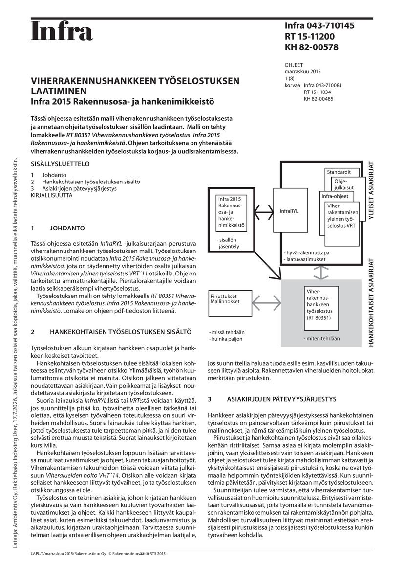 RT 15-11200 Viherrakennushankkeen työselostuksen laatiminen. Infra 2015 Rakennusosa- ja hankenimikkeistö. (Sisältää lomakkeen RT 80351)