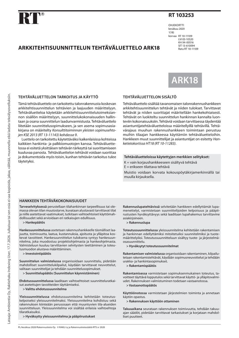 Siirry tuotesivulle RT 103253 Arkkitehtisuunnittelun tehtäväluettelo ARK18