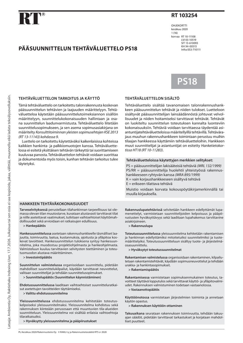 RT 103254 Pääsuunnittelun tehtäväluettelo PS18