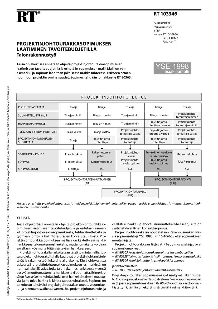 RT 103346 Projektinjohtourakkasopimuksen laatiminen tavoitebudjetilla. Talonrakennustyö