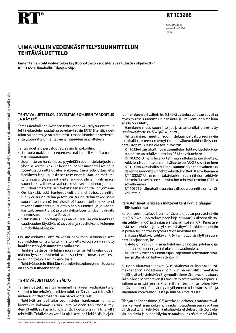 Siirry tuotesivulle RT 103268 Uimahallin vedenkäsittelysuunnittelun tehtäväluettelo