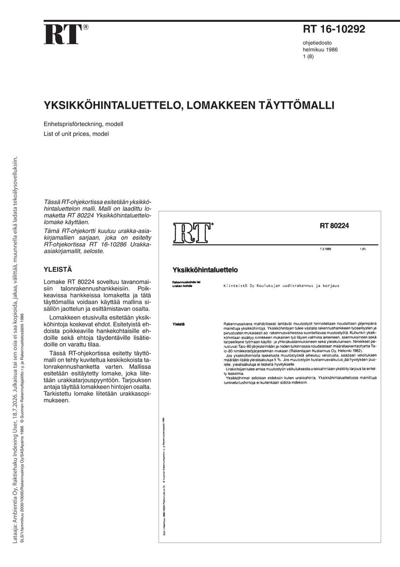 Siirry tuotesivulle RT 16-10292 Yksikköhintaluettelo, lomakkeen täyttömalli