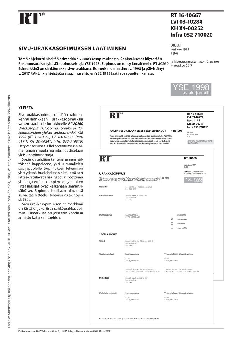 Siirry tuotesivulle RT 16-10667 Sivu-urakkasopimuksen laatiminen