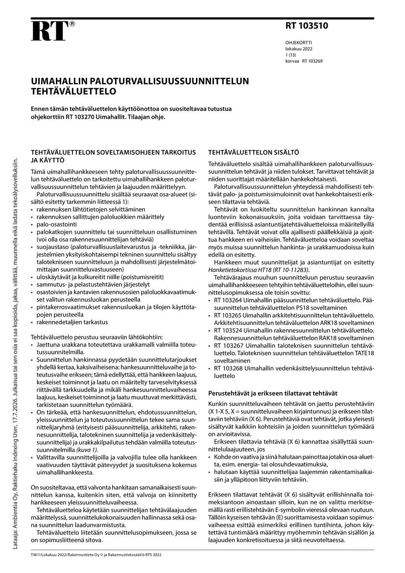 Siirry tuotesivulle RT 103510 Uimahallin paloturvallisuussuunnittelun tehtäväluettelo