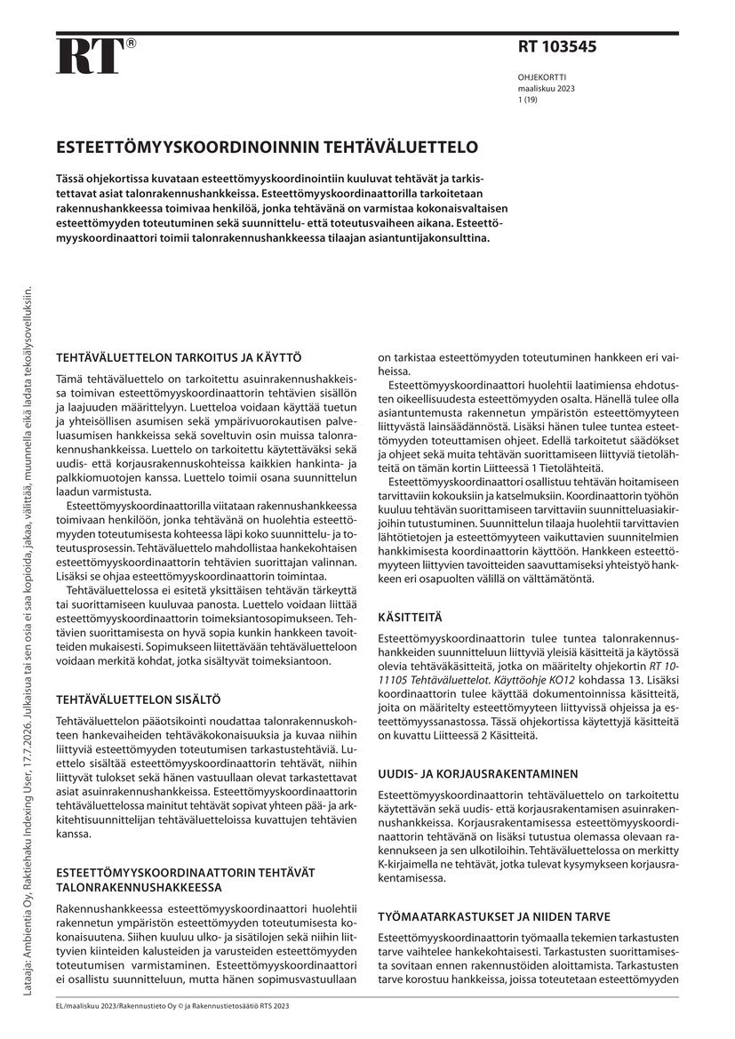 Siirry tuotesivulle RT 103545 Esteettömyyskoordinoinnin tehtäväluettelo