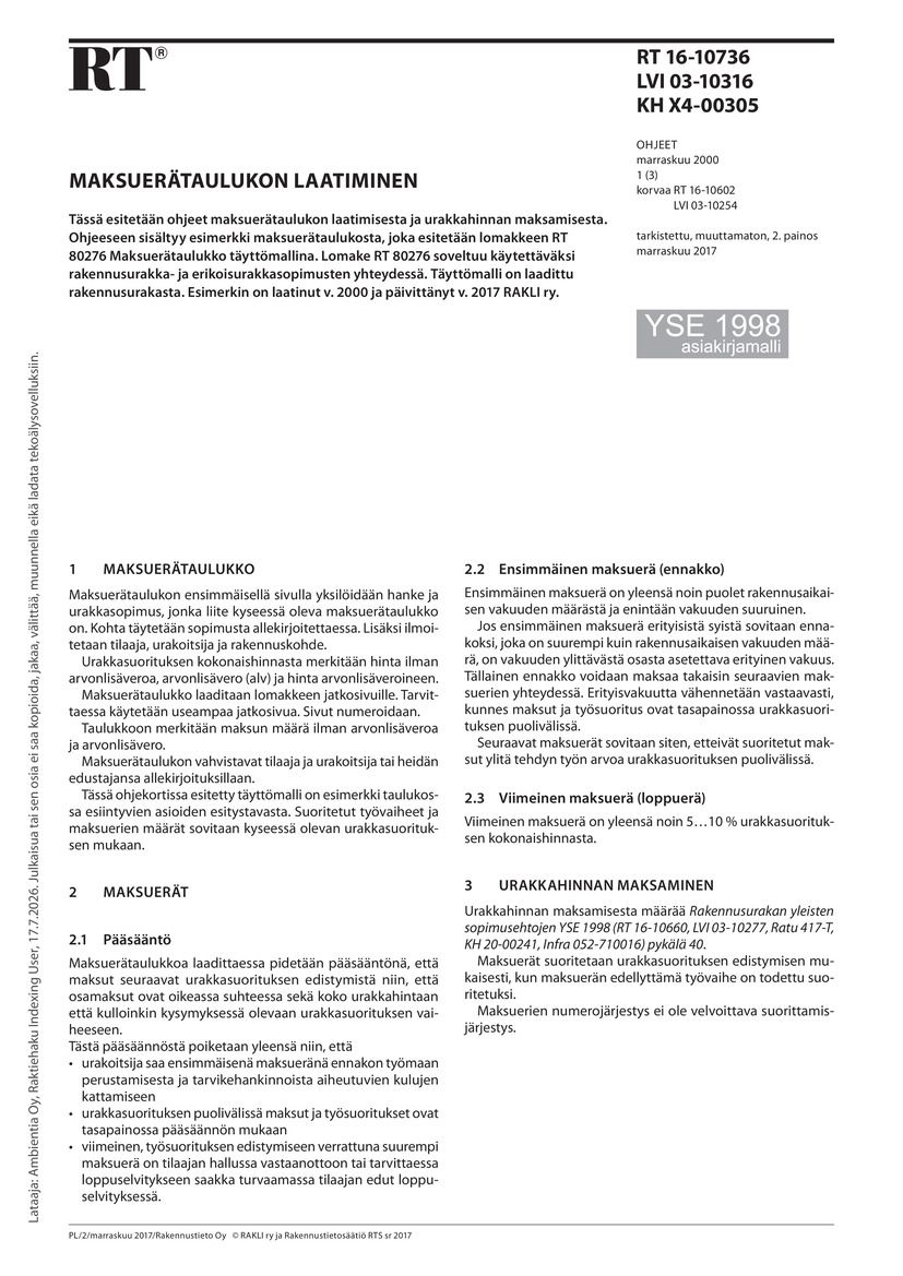 RT 16-10736 Maksuerätaulukon laatiminen. (YSE 1998 asiakirjamalli)